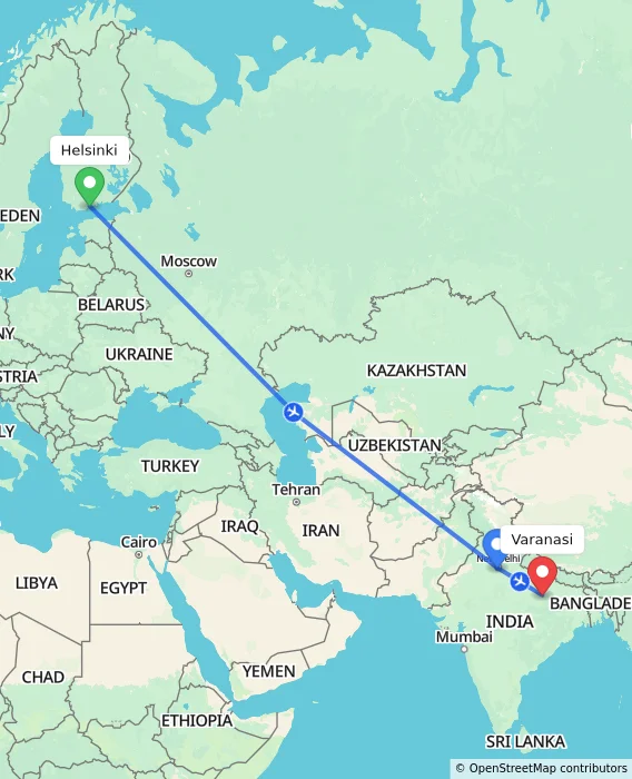 Route map showing distance and travel time from Helsinki, Finland to Varanasi, India