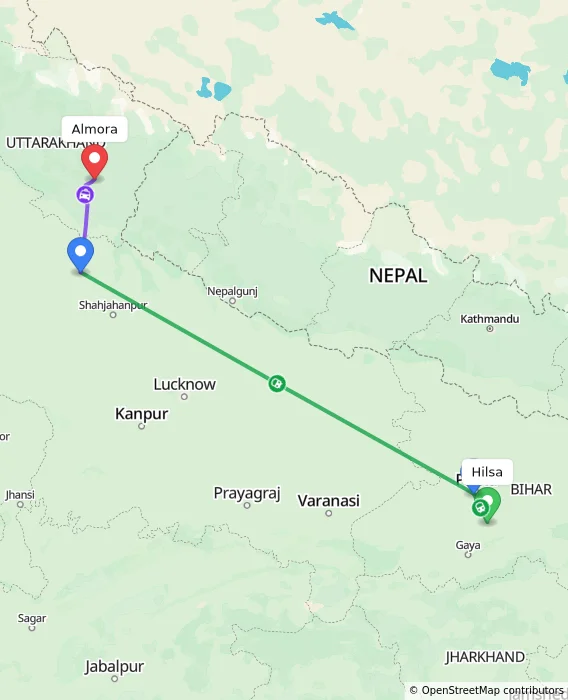 Route map showing distance and travel time from Hilsa, India to Almora, India