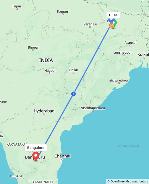 Route map showing distance and travel time from Hilsa, India to Bangalore, India