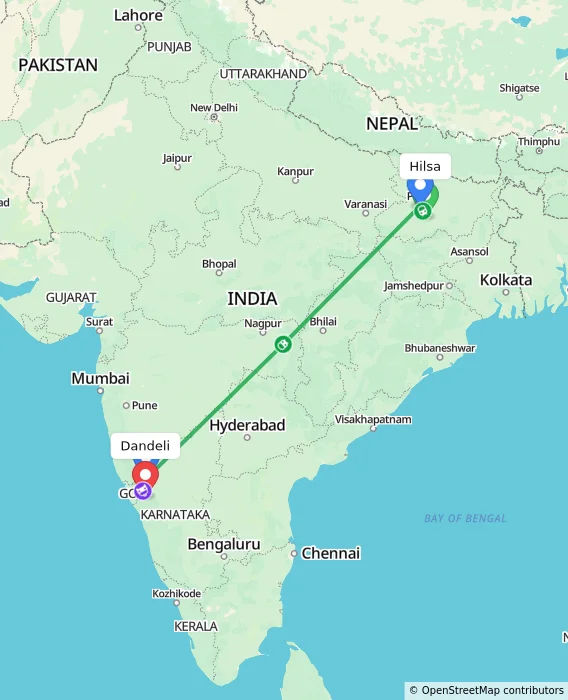 Route map showing distance and travel time from Hilsa, India to Dandeli, India