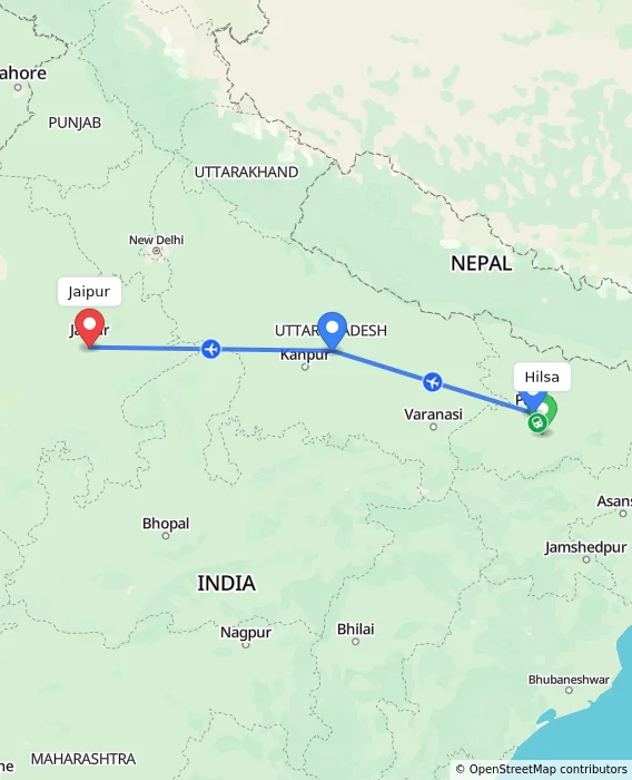 Route map showing distance and travel time from Hilsa, India to Jaipur, India