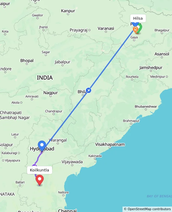 Route map showing distance and travel time from Hilsa, India to Koilkuntla, India