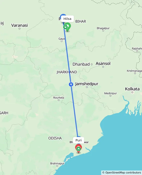 Route map showing distance and travel time from Hilsa, India to Puri, India