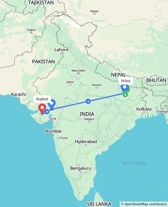 Route map showing distance and travel time from Hilsa, India to Rajkot, India