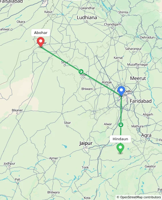 Route map showing distance and travel time from Hindaun, India to Abohar, India