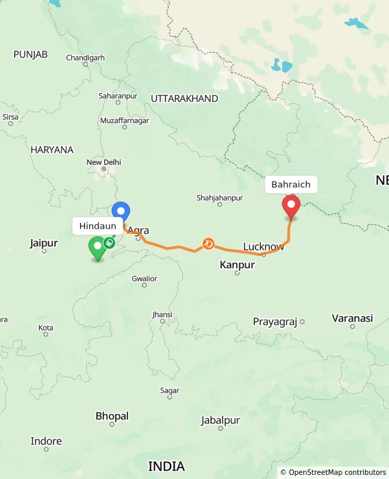 Route map showing distance and travel time from Hindaun, India to Bahraich, India