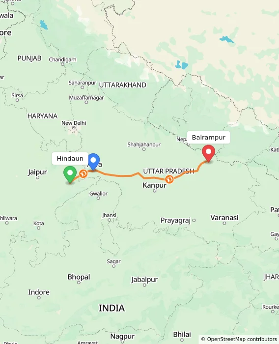 Route map showing distance and travel time from Hindaun, India to Balrampur, India