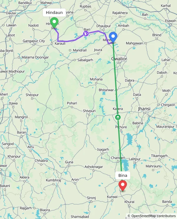 Route map showing distance and travel time from Hindaun, India to Bina, India