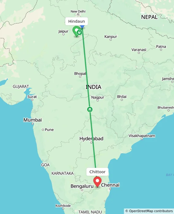 Route map showing distance and travel time from Hindaun, India to Chittoor, India