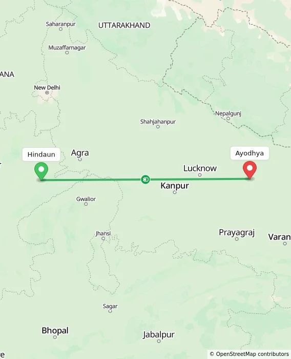 Route map showing distance and travel time from Hindaun, India to Ayodhya, India