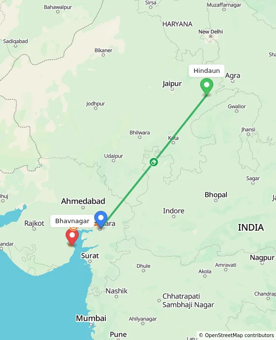 Route map showing distance and travel time from Hindaun, India to Bhavnagar, India