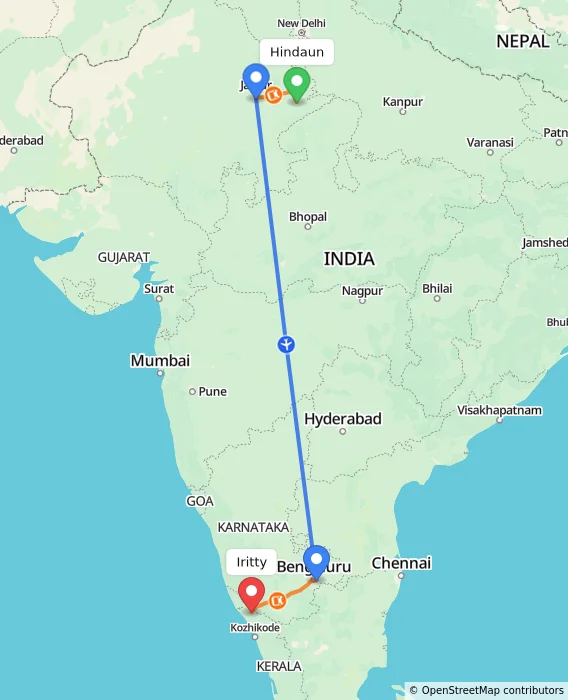 Route map showing distance and travel time from Hindaun, India to Iritty, India