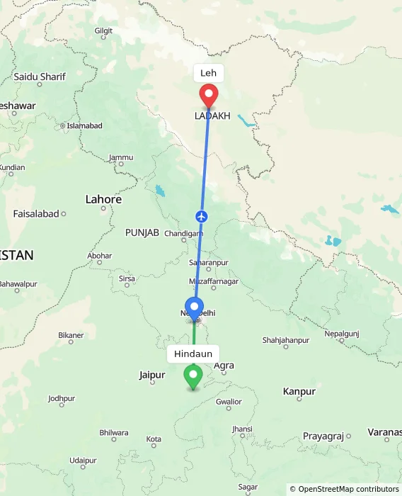 Route map showing distance and travel time from Hindaun, India to Leh, India