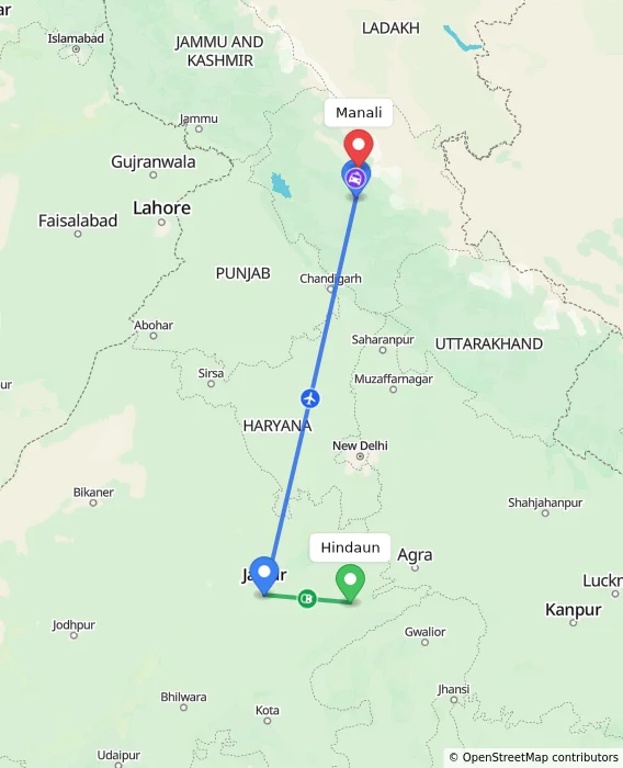 Route map showing distance and travel time from Hindaun, India to Manali, India