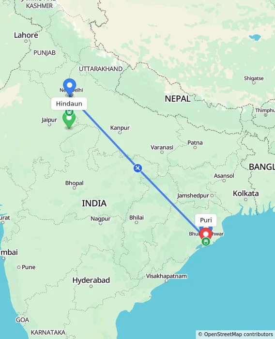Route map showing distance and travel time from Hindaun, India to Puri, India