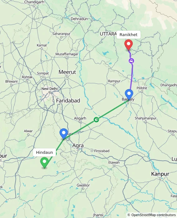 Route map showing distance and travel time from Hindaun, India to Ranikhet, India