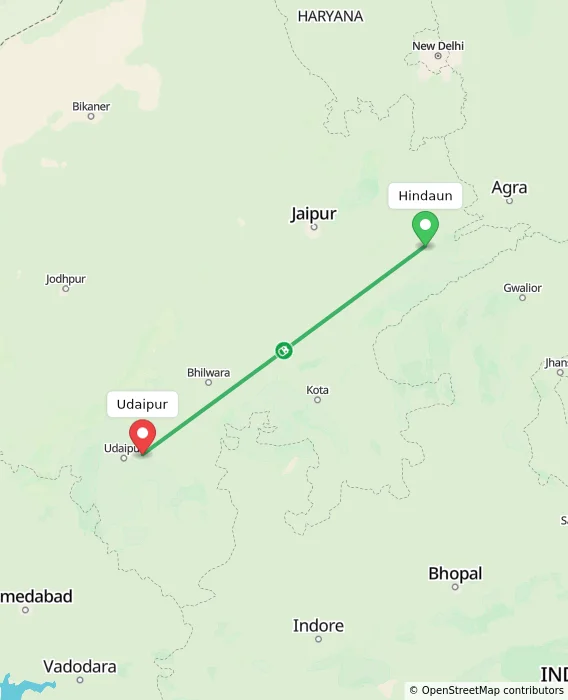 Route map showing distance and travel time from Hindaun, India to Udaipur, India