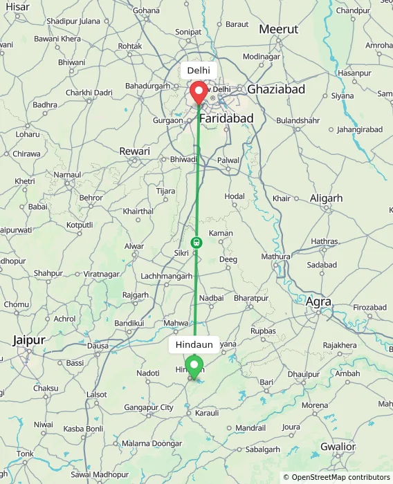 Route map showing distance and travel time from Hindaun, India to Delhi, India