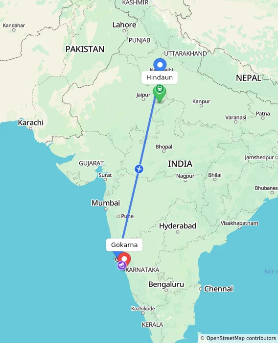Route map showing distance and travel time from Hindaun, India to Gokarna, India