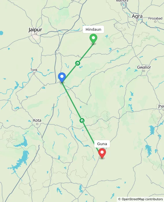 Route map showing distance and travel time from Hindaun, India to Guna, India