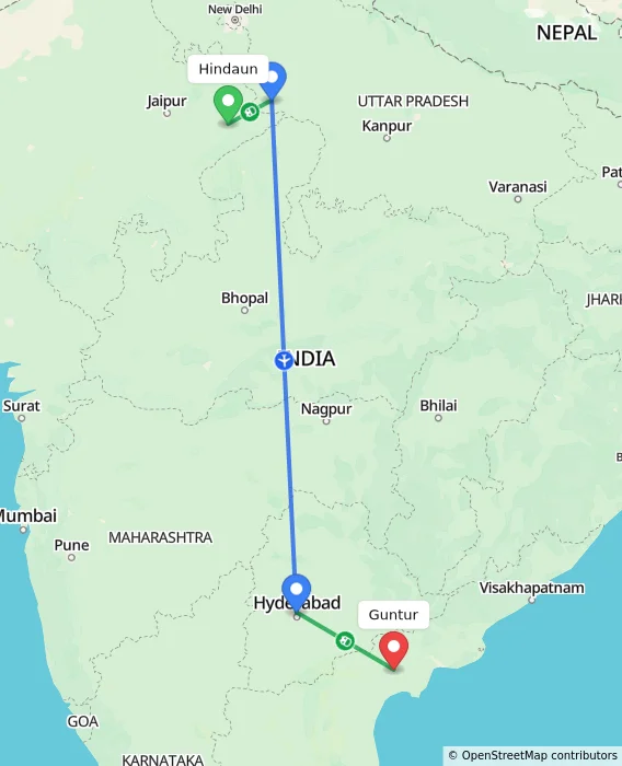 Route map showing distance and travel time from Hindaun, India to Guntur, India