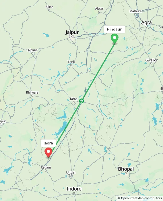 Route map showing distance and travel time from Hindaun, India to Jaora, India