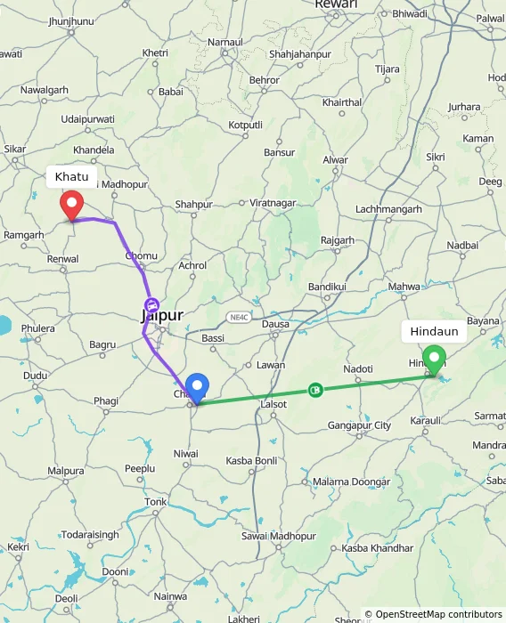 Route map showing distance and travel time from Hindaun, India to Khatu, India
