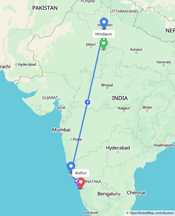 Route map showing distance and travel time from Hindaun, India to Kollur, India