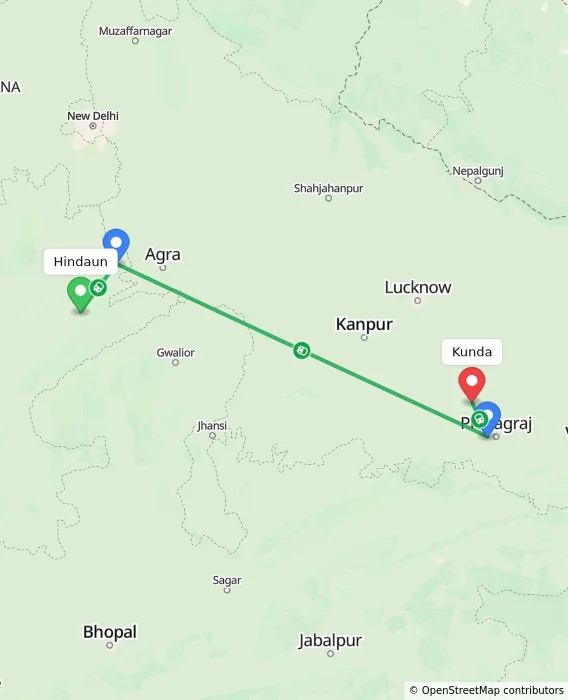 Route map showing distance and travel time from Hindaun, India to Kunda, India