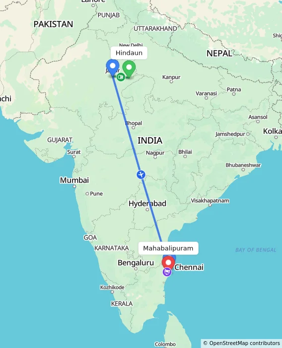 Route map showing distance and travel time from Hindaun, India to Mahabalipuram, India