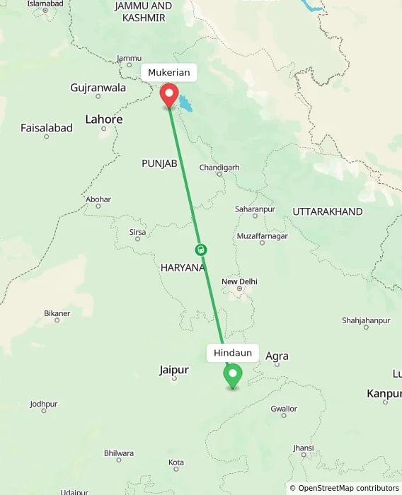 Route map showing distance and travel time from Hindaun, India to Mukerian, India