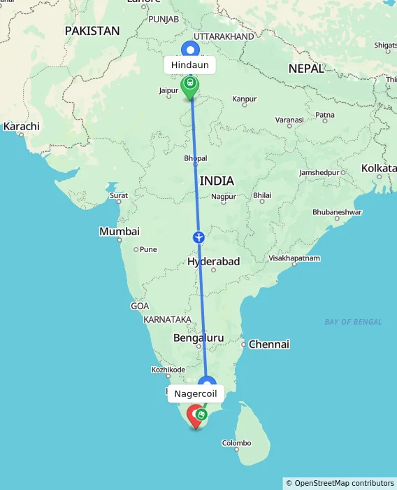 Route map showing distance and travel time from Hindaun, India to Nagercoil, India