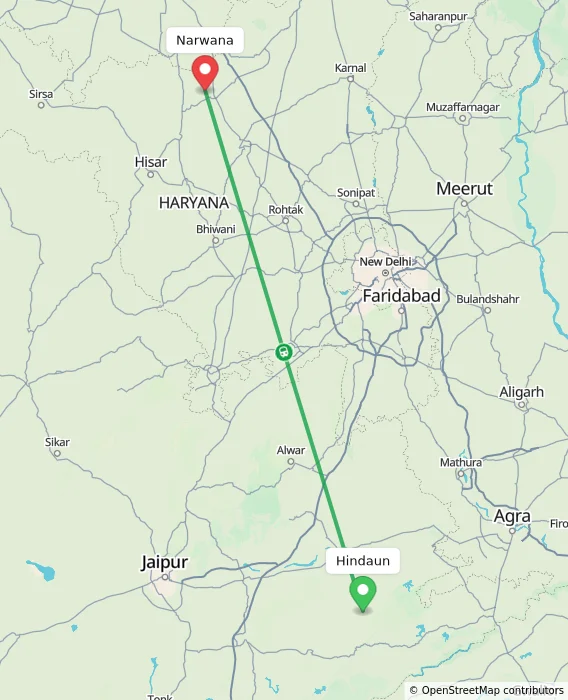 Route map showing distance and travel time from Hindaun, India to Narwana, India
