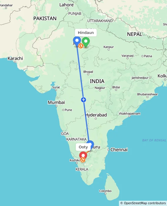Route map showing distance and travel time from Hindaun, India to Ooty, India