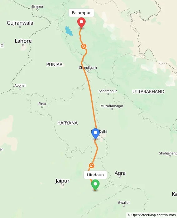 Route map showing distance and travel time from Hindaun, India to Palampur, India