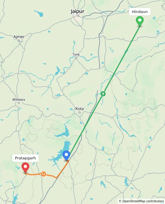 Route map showing distance and travel time from Hindaun, India to Pratapgarh, India