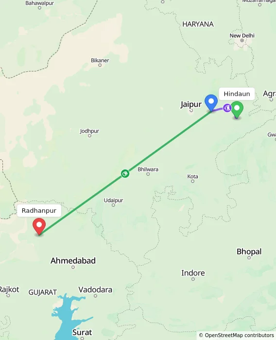 Route map showing distance and travel time from Hindaun, India to Radhanpur, India