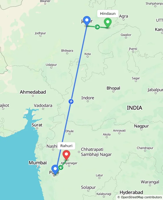 Route map showing distance and travel time from Hindaun, India to Rahuri, India