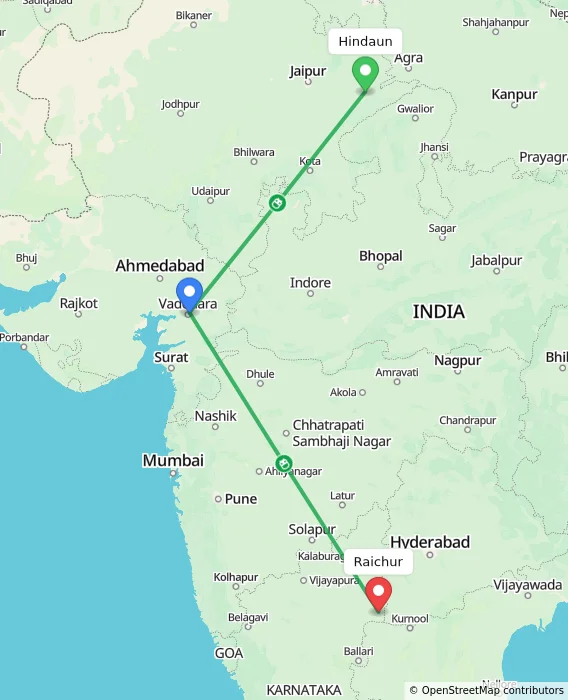 Route map showing distance and travel time from Hindaun, India to Raichur, India