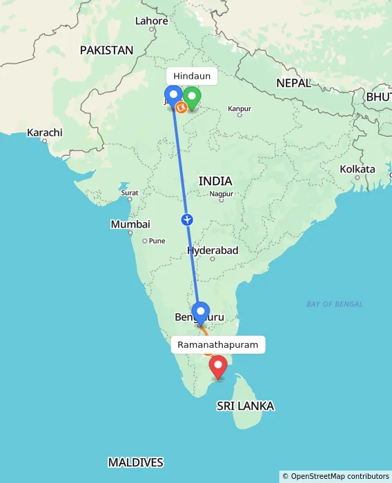 Route map showing distance and travel time from Hindaun, India to Ramanathapuram, India