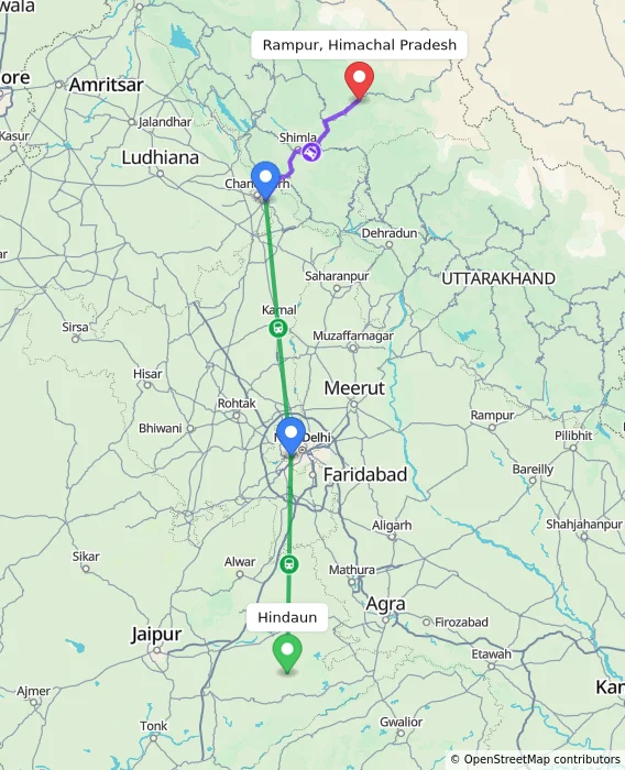 Route map showing distance and travel time from Hindaun, India to Rampur, Himachal Pradesh, India
