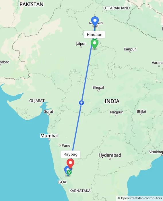 Route map showing distance and travel time from Hindaun, India to Raybag, India