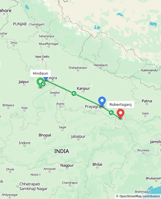 Route map showing distance and travel time from Hindaun, India to Robertsganj, India