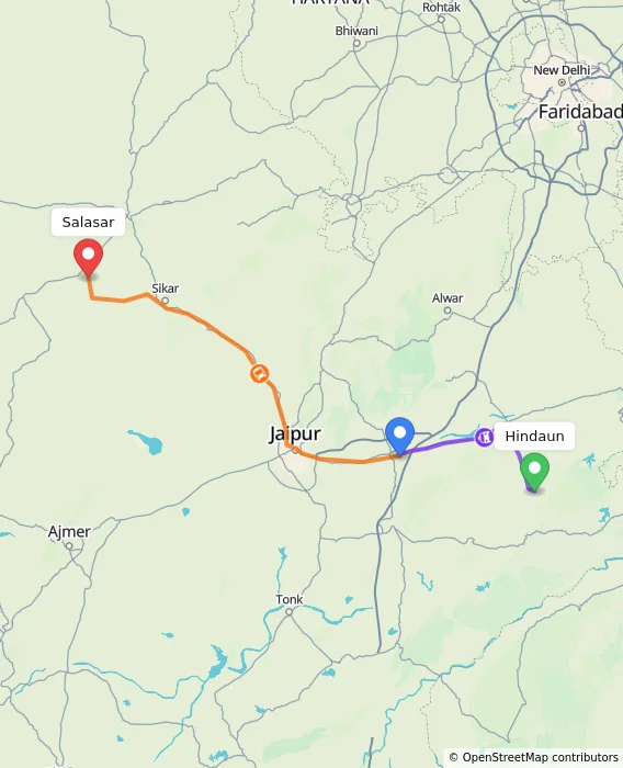 Route map showing distance and travel time from Hindaun, India to Salasar, India