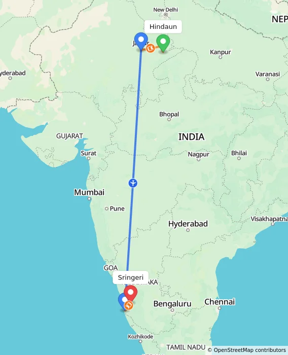 Route map showing distance and travel time from Hindaun, India to Sringeri, India