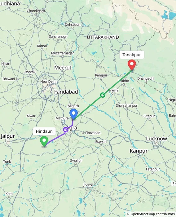 Route map showing distance and travel time from Hindaun, India to Tanakpur, India