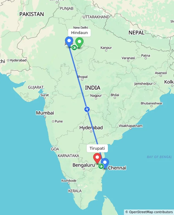 Route map showing distance and travel time from Hindaun, India to Tirupati, India