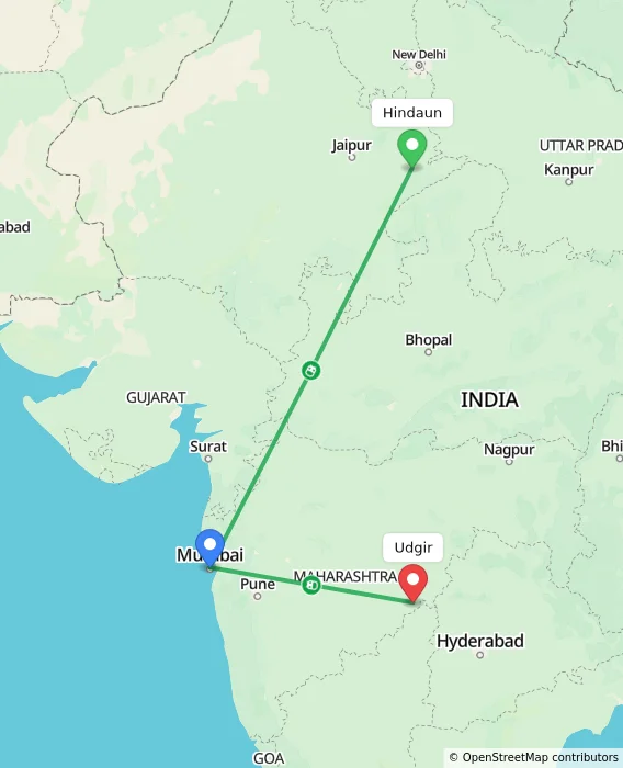 Route map showing distance and travel time from Hindaun, India to Udgir, India