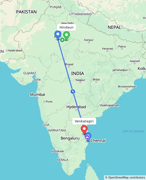 Route map showing distance and travel time from Hindaun, India to Venkatagiri, India