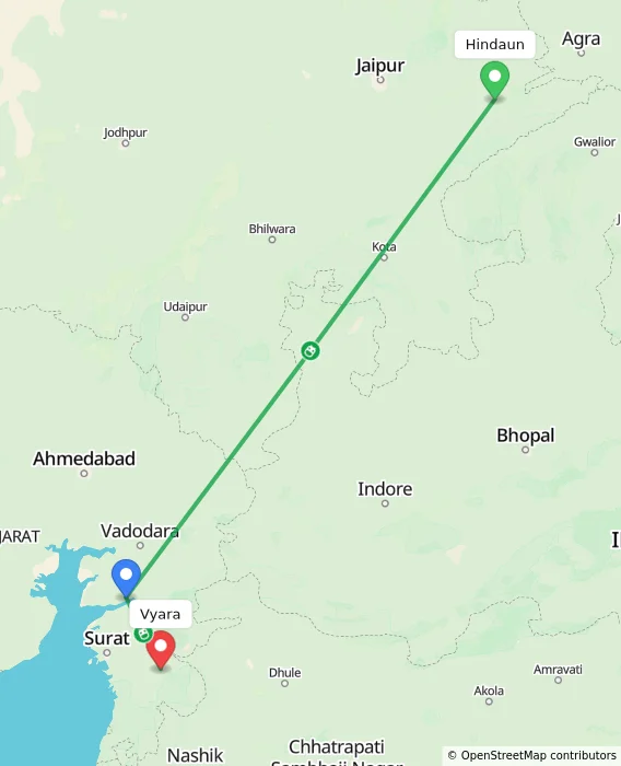 Route map showing distance and travel time from Hindaun, India to Vyara, India